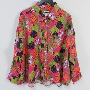 C & C California Linen Button-Up Shirt Plus Size 2X Leopard Jungle Tropical Wear